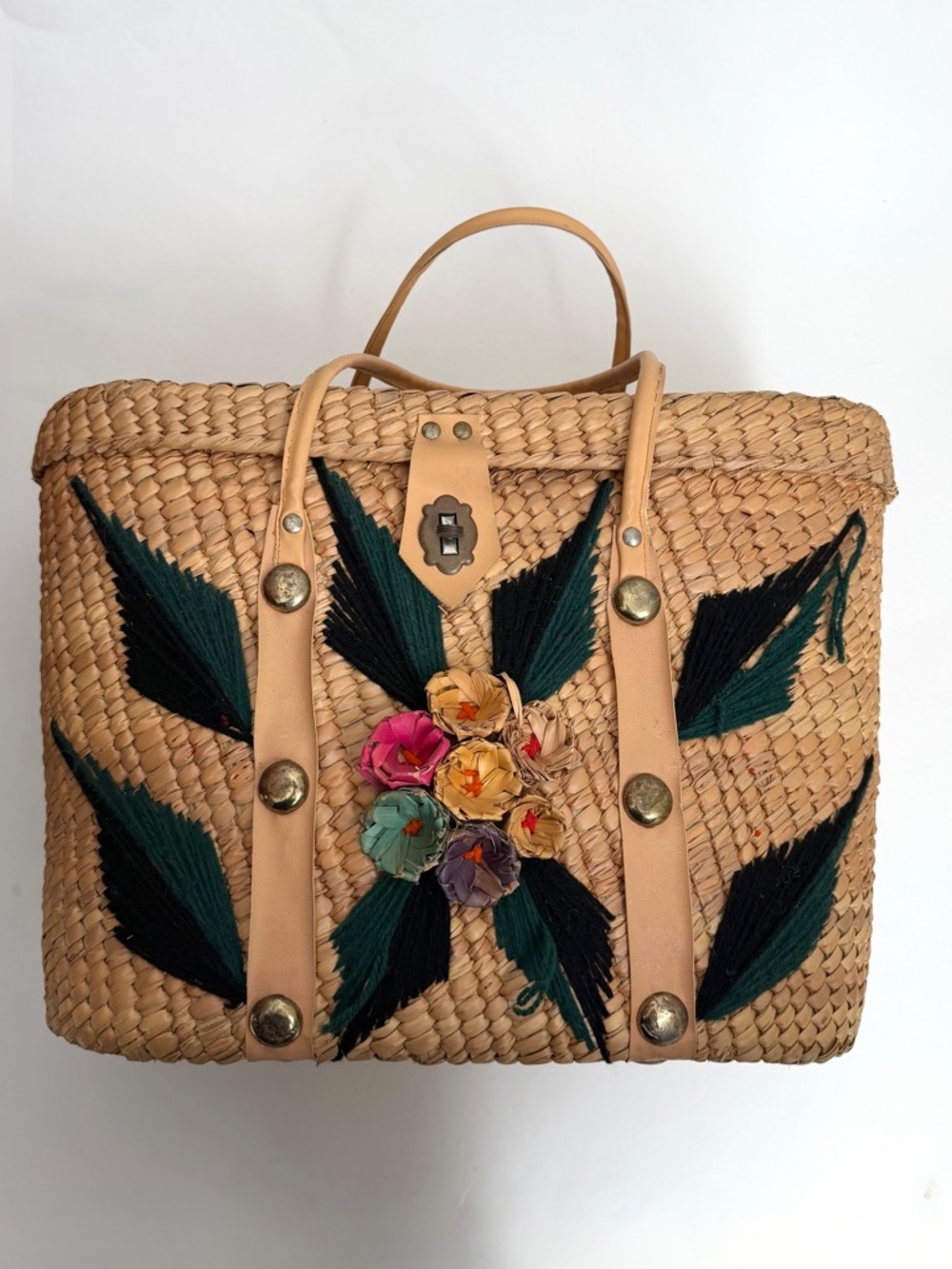 Vintage Large Mexican Woven Straw Boho Tote Bag with 3D Flowers and Yarn Leaves